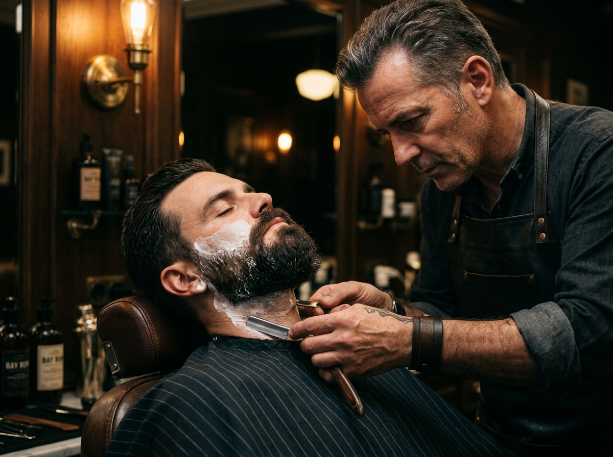 Master barber detailing gentleman beard with straight razor and rich lather
