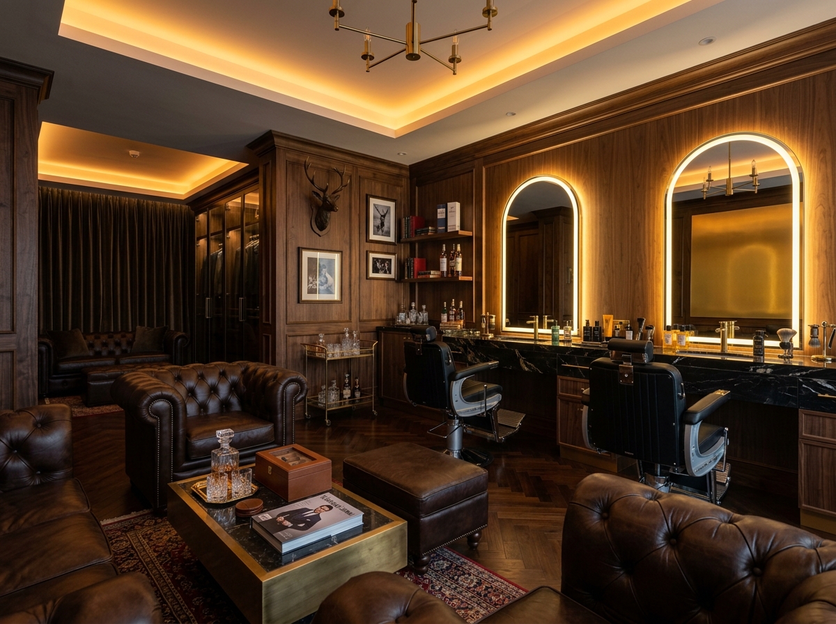 Executive VIP gentlemen's lounge and grooming suite with chesterfield chairs