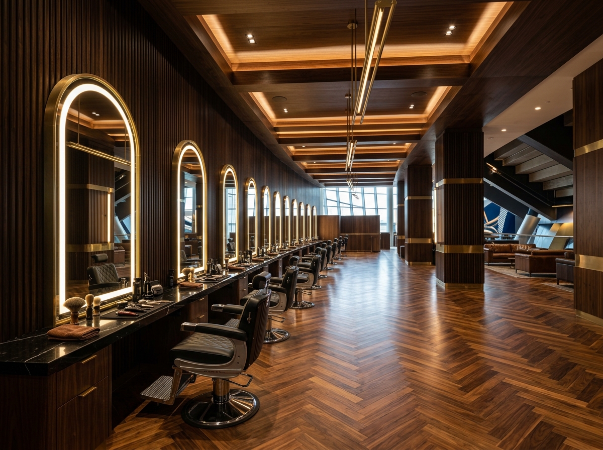 Grand styling arena with illuminated brass arch mirrors and leather chairs