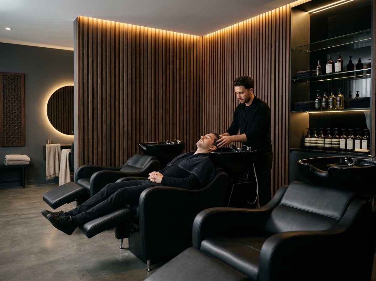 Gentleman receiving therapeutic scalp spa wash on reclining chair