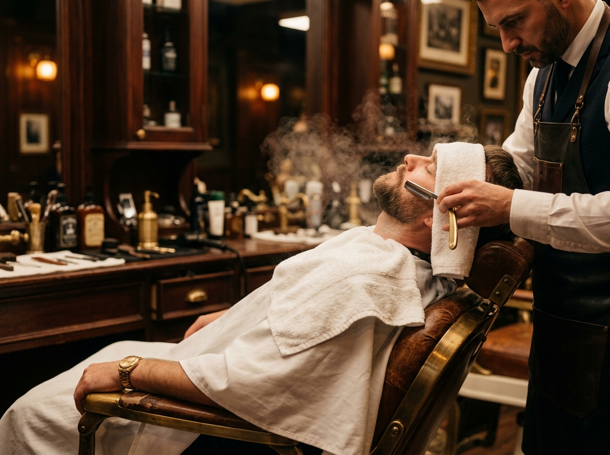 Gentleman receiving traditional hot towel shave ritual